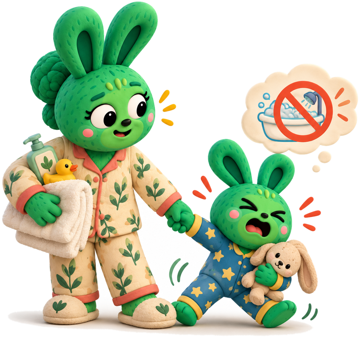 Una monstruita verde acompaña a un pequeño que no quiere bañarse