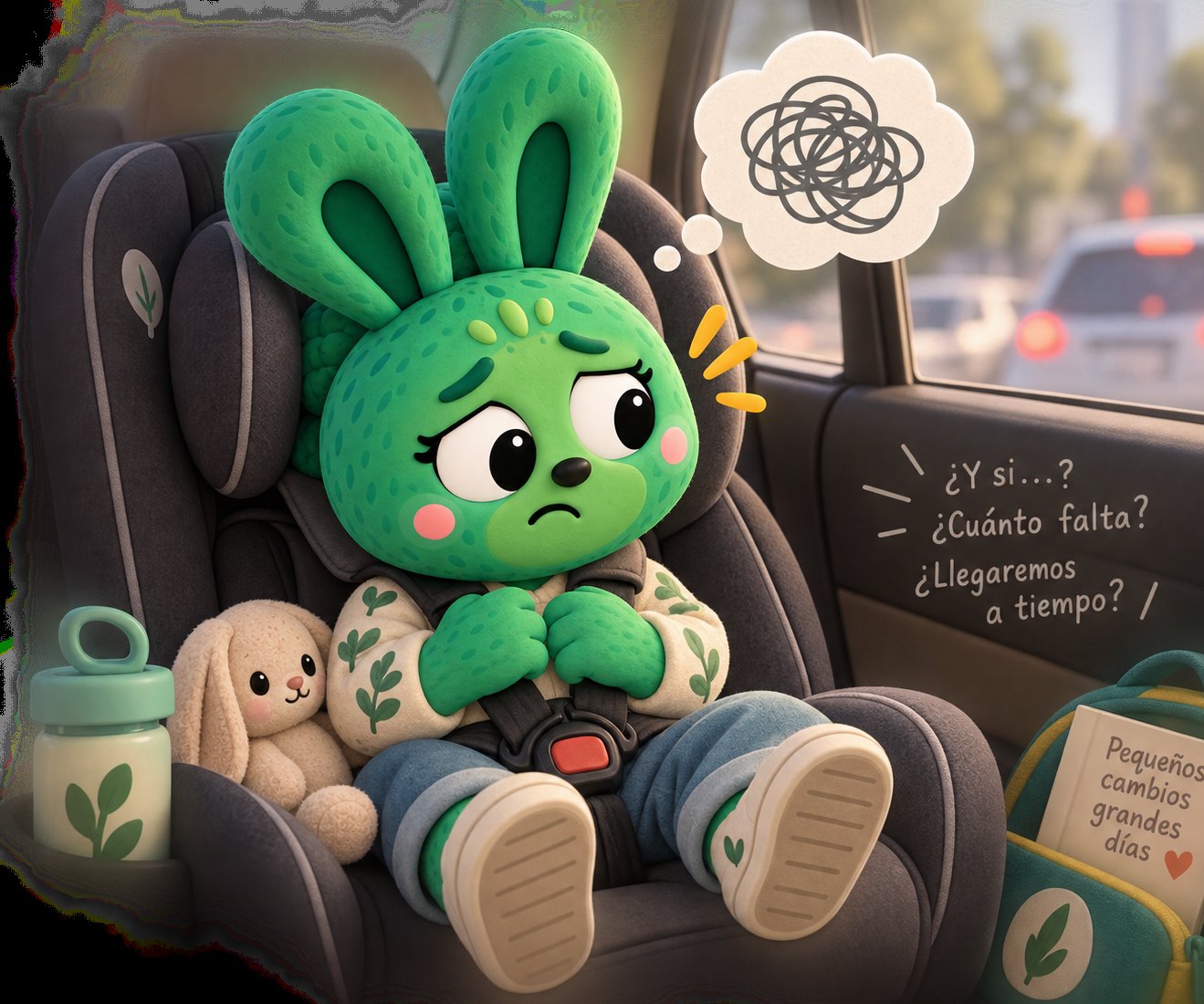 El monstruito verde en el asiento del coche, pensando cuánto falta para llegar