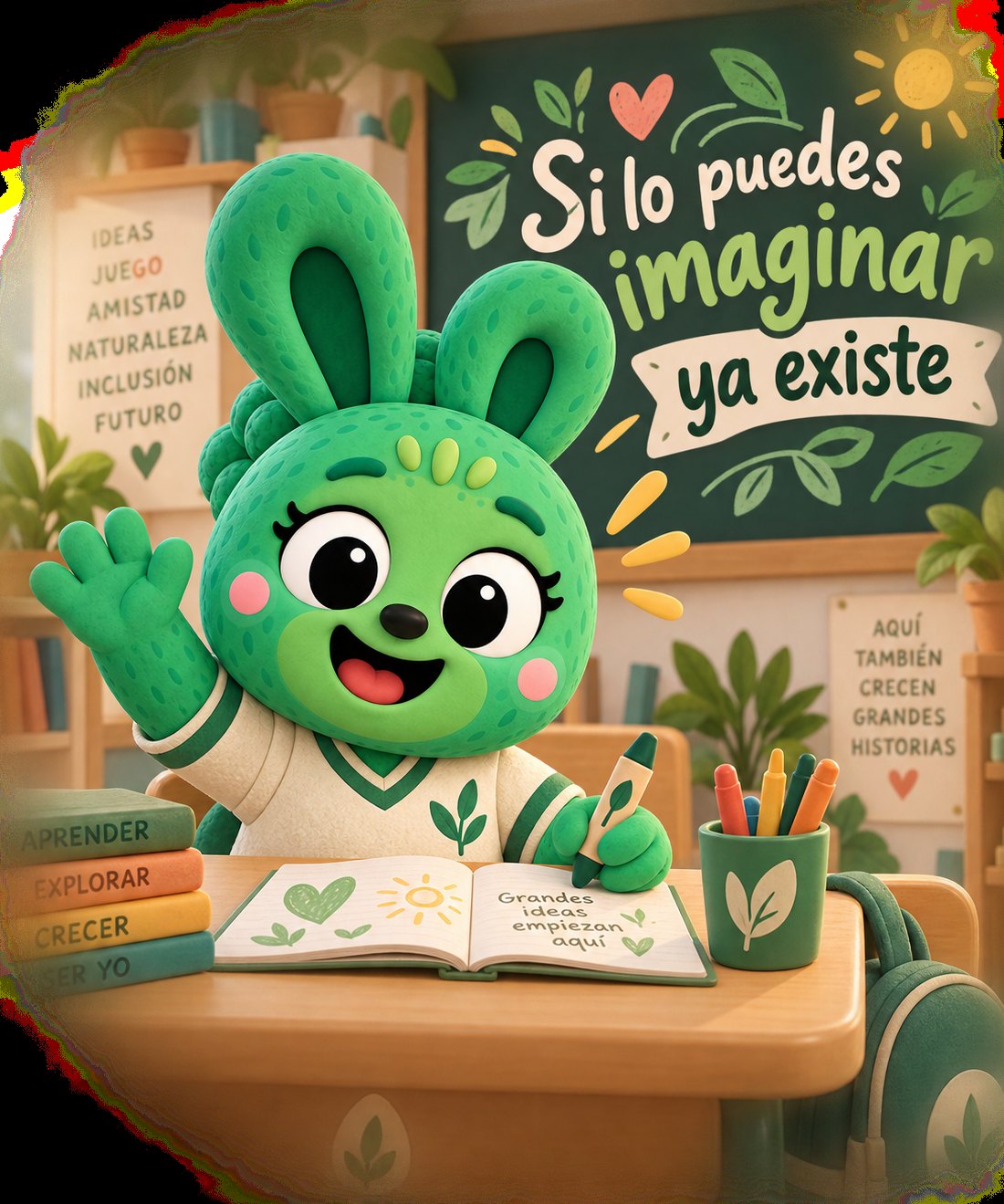 El monstruito verde en un aula luminosa, saludando con un crayón en la mano