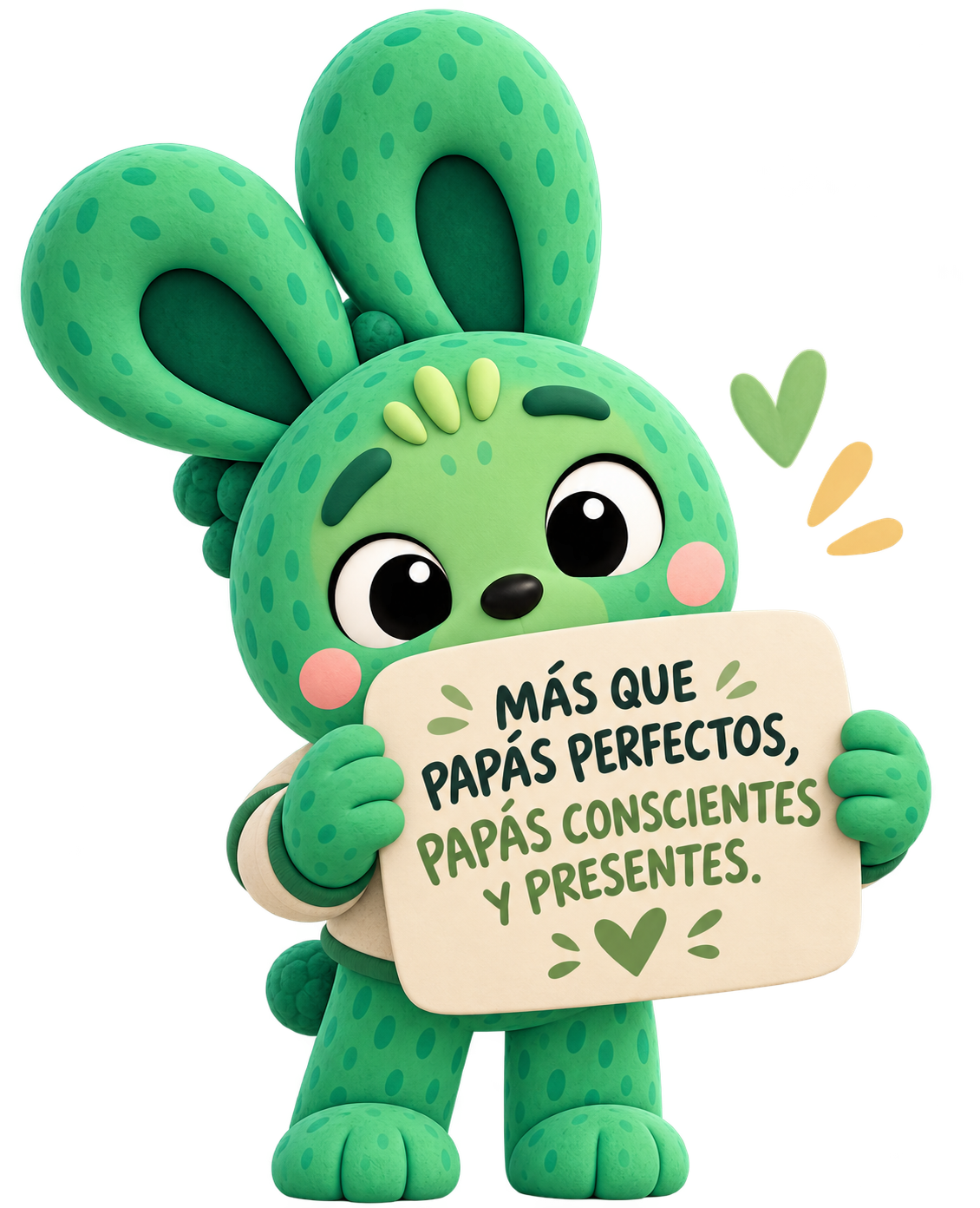 Monstruita verde sostiene un letrero: más que papás perfectos, papás conscientes y presentes