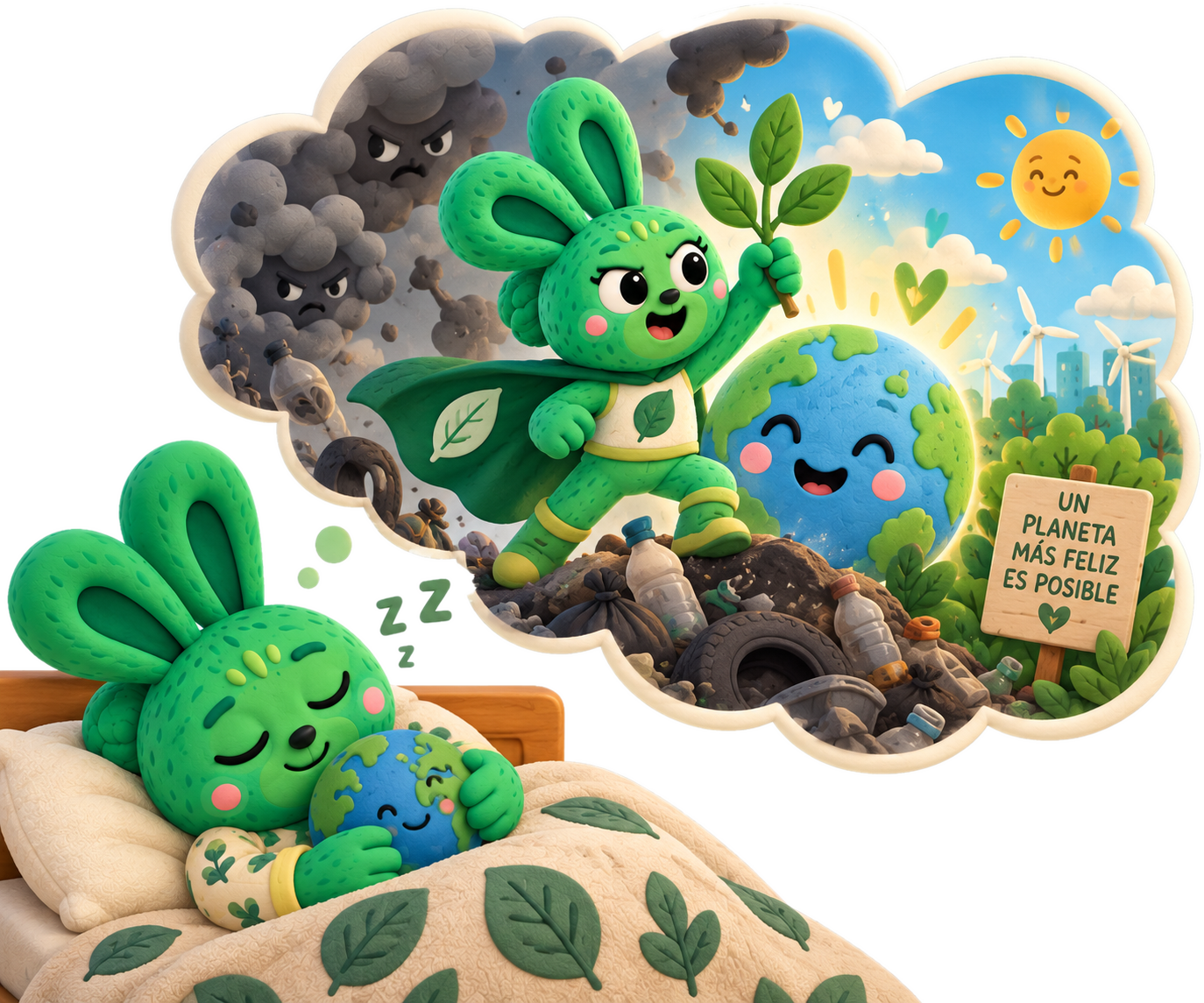 El monstruito verde duerme abrazando al planeta y sueña un mundo más feliz
