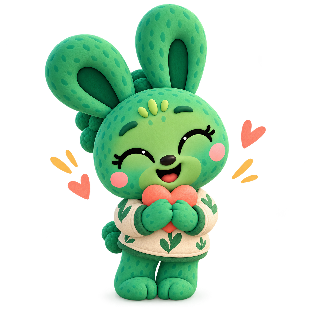 Monstruita verde abraza un corazón, con los ojos cerrados y una sonrisa amplia