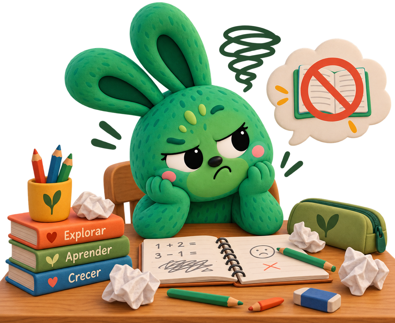 El monstruito verde frente a la tarea, cansado de un cuaderno que no avanza