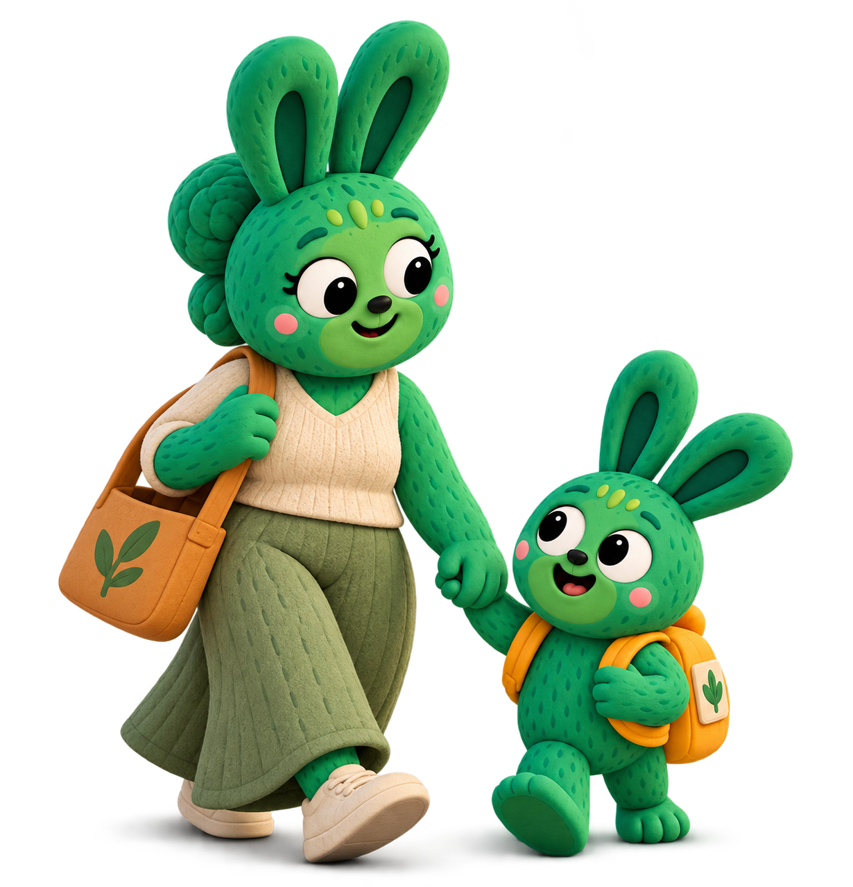 Mamá monstruita camina de la mano con su pequeño camino a la escuela